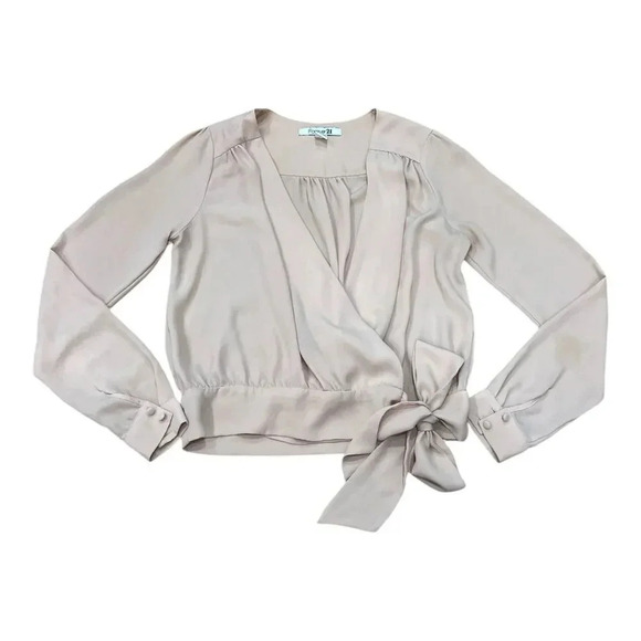 Forever 21 Beige Satin Plunge Wrap Tie Blouse S - Picture 1 of 5